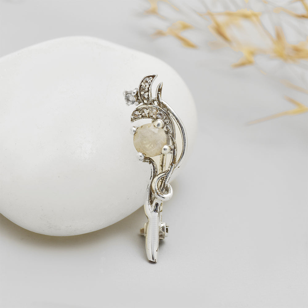 Broche de Plata con Piedra Lunar Arco Iris y Topacio Blanco