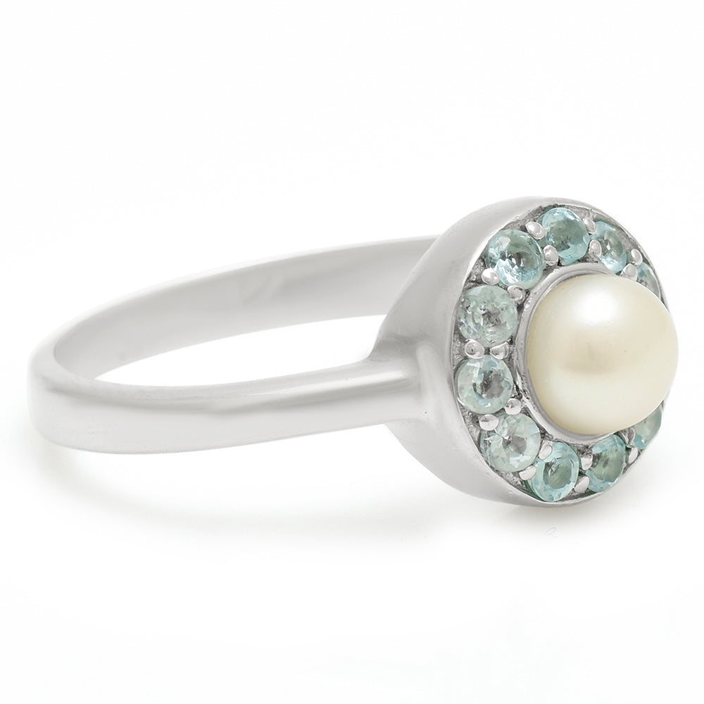 Anillo de Plata con Apatita azul de Madagascar y Perla blanca de agua dulce