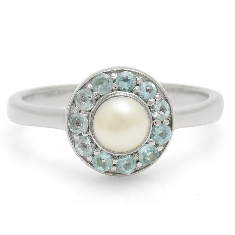 Anillo de Plata con Apatita azul de Madagascar y Perla blanca de agua dulce