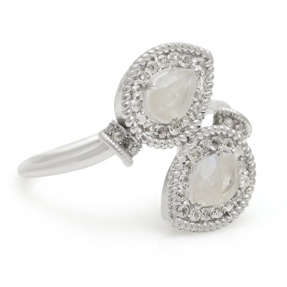 Anillo de Plata con Piedra Lunar Arco Iris y Topacio Blanco