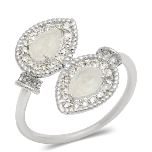 Anillo de Plata con Piedra Lunar Arco Iris y Topacio Blanco