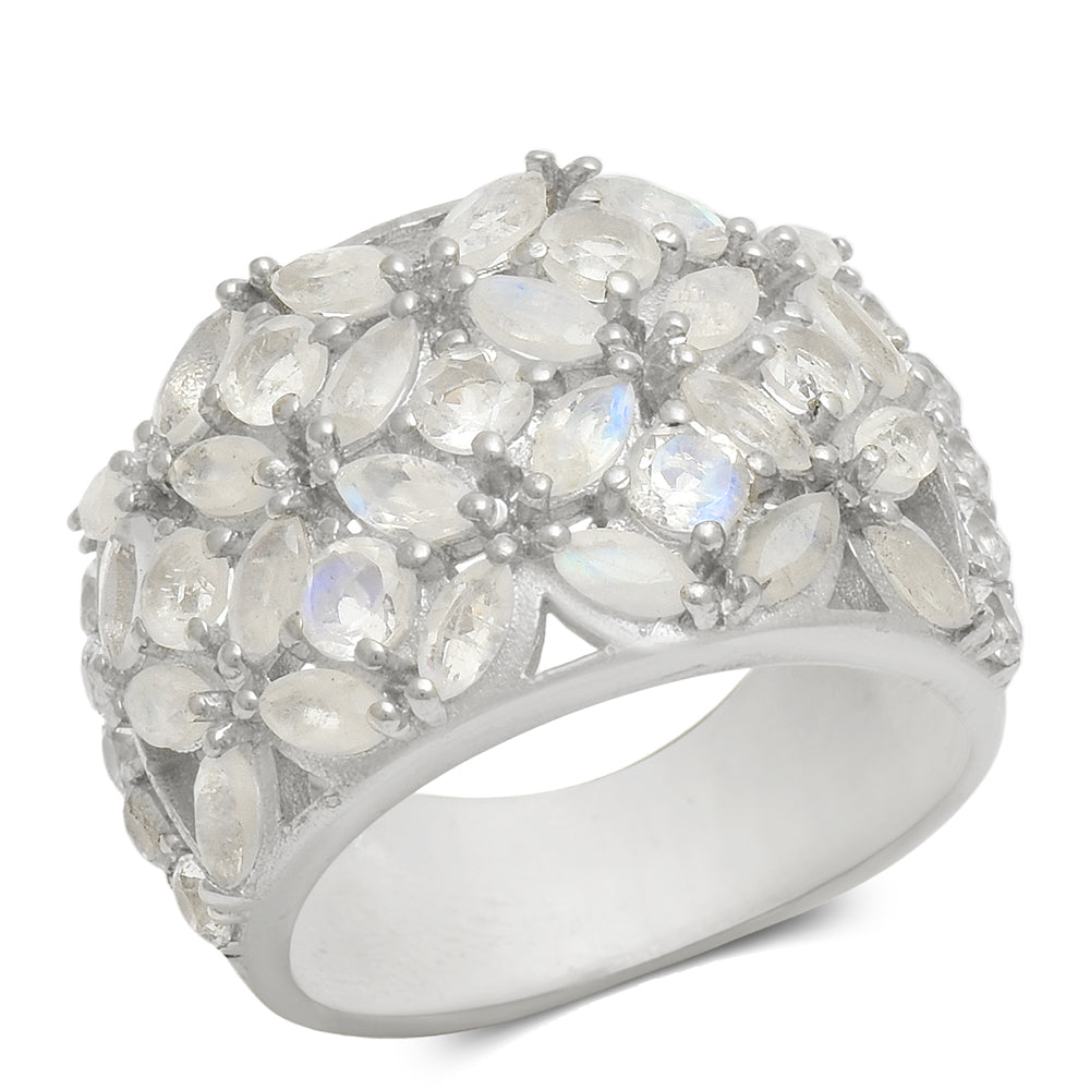 Anillo de Plata con Piedra Lunar Arco Iris y Topacio Blanco
