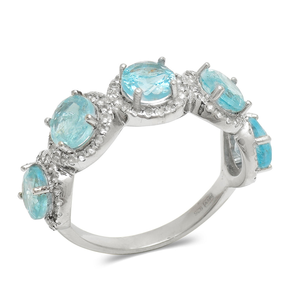 Anillo de Plata con Apatita azul de Madagascar y Topacio Blanco