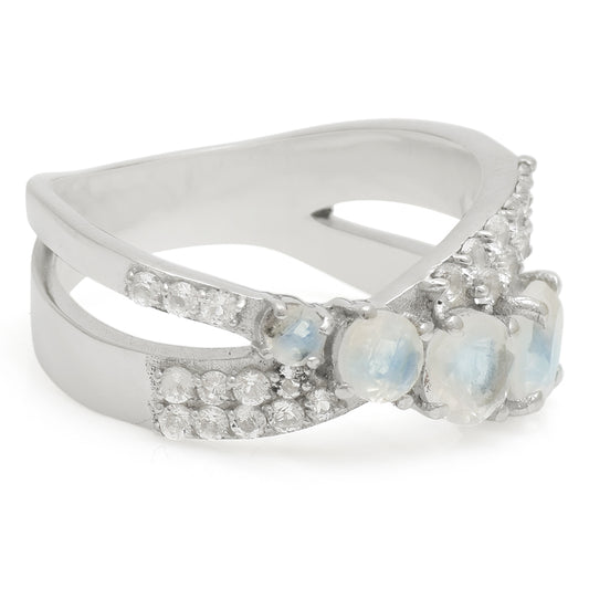 Anillo de Plata con Piedra Lunar Arco Iris y Topacio Blanco