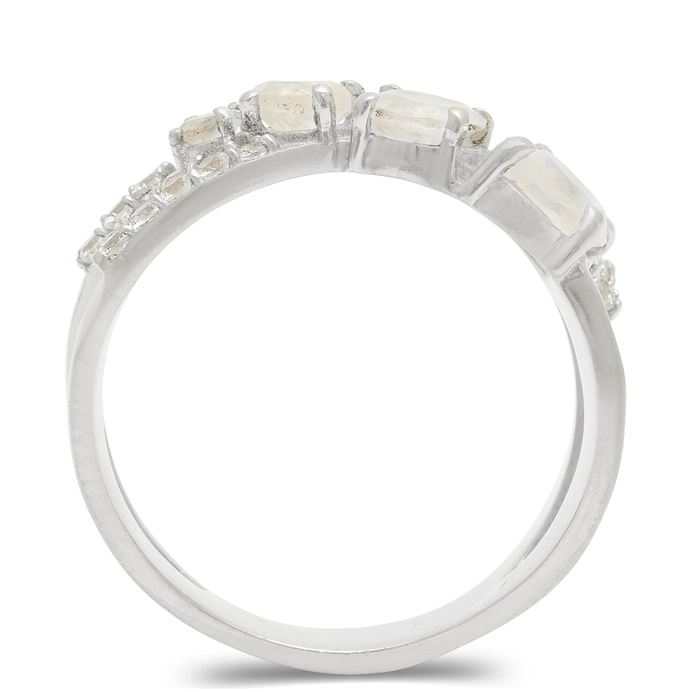 Anillo de Plata con Piedra Lunar Arco Iris y Topacio Blanco