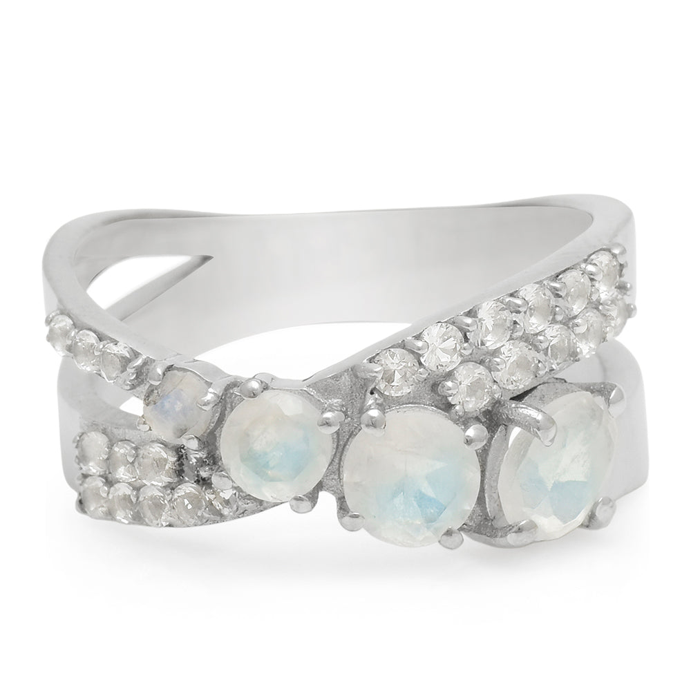 Anillo de Plata con Piedra Lunar Arco Iris y Topacio Blanco 1 