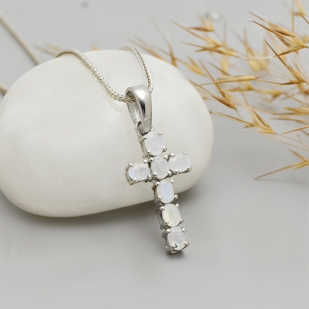 Cruz Colgante de Plata con Piedra Lunar Arco Iris 4 