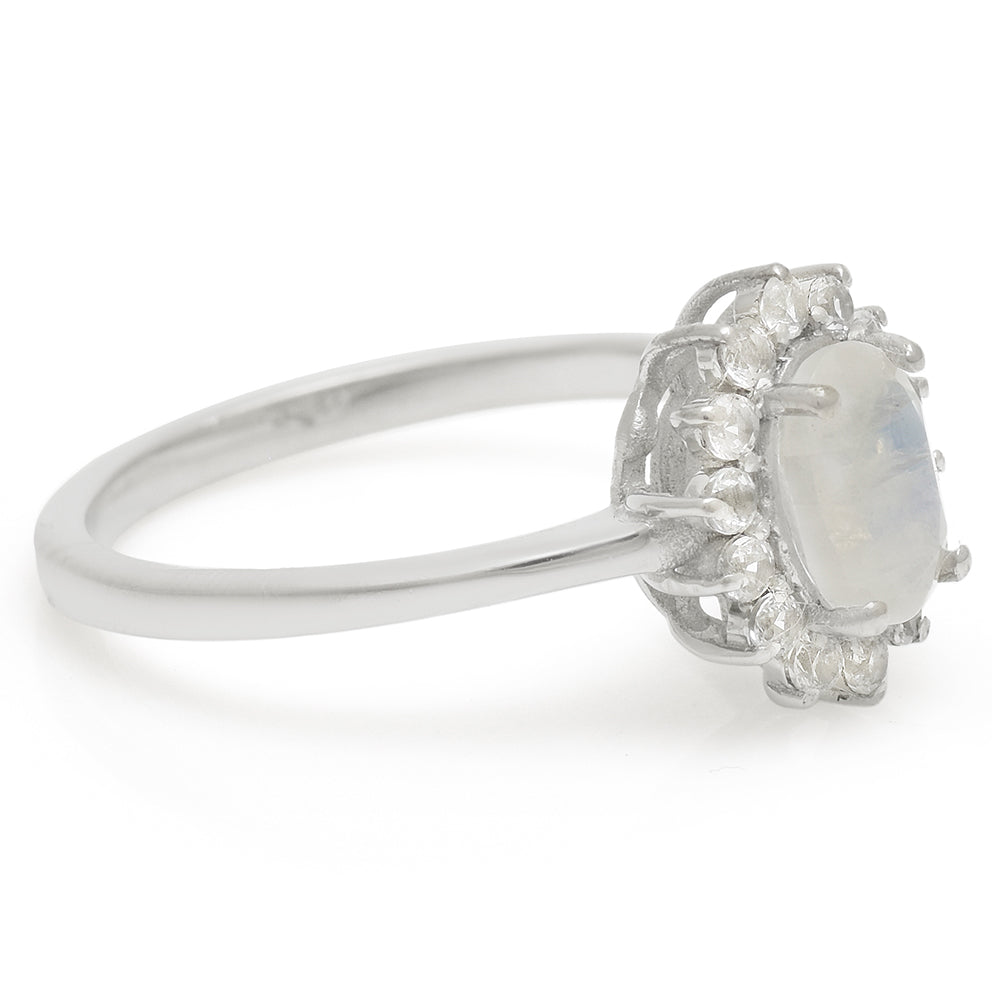 Anillo de Plata con Piedra Lunar Arco Iris y Topacio Blanco 2 