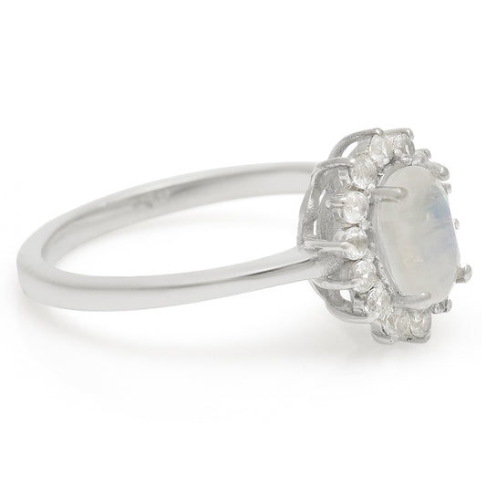 Anillo de Plata con Piedra Lunar Arco Iris y Topacio Blanco
