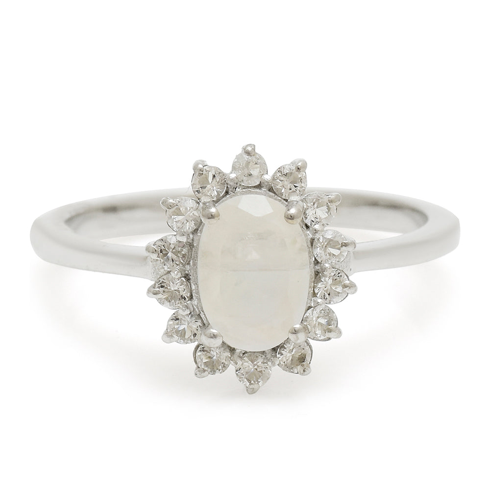 Anillo de Plata con Piedra Lunar Arco Iris y Topacio Blanco