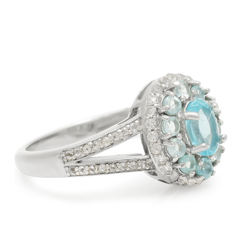 Anillo de Plata con Apatita azul de Madagascar y Topacio Blanco