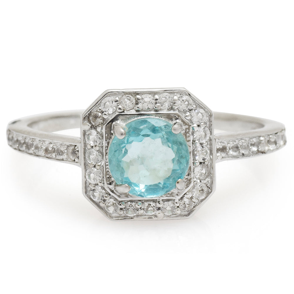 Anillo de Plata con Apatita azul de Madagascar y Topacio Blanco