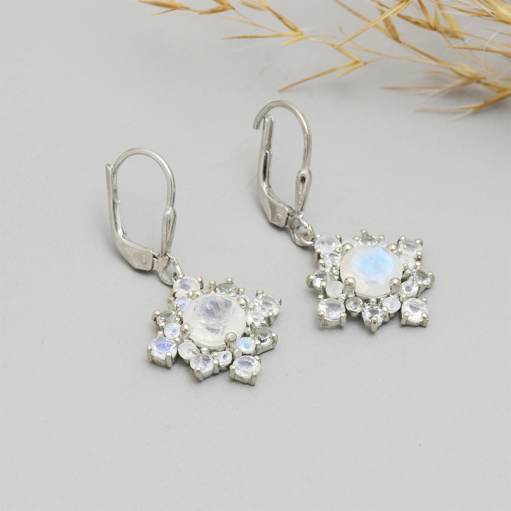 Pendientes de Plata con Piedra Lunar Arco Iris y Topacio Blanco 1 