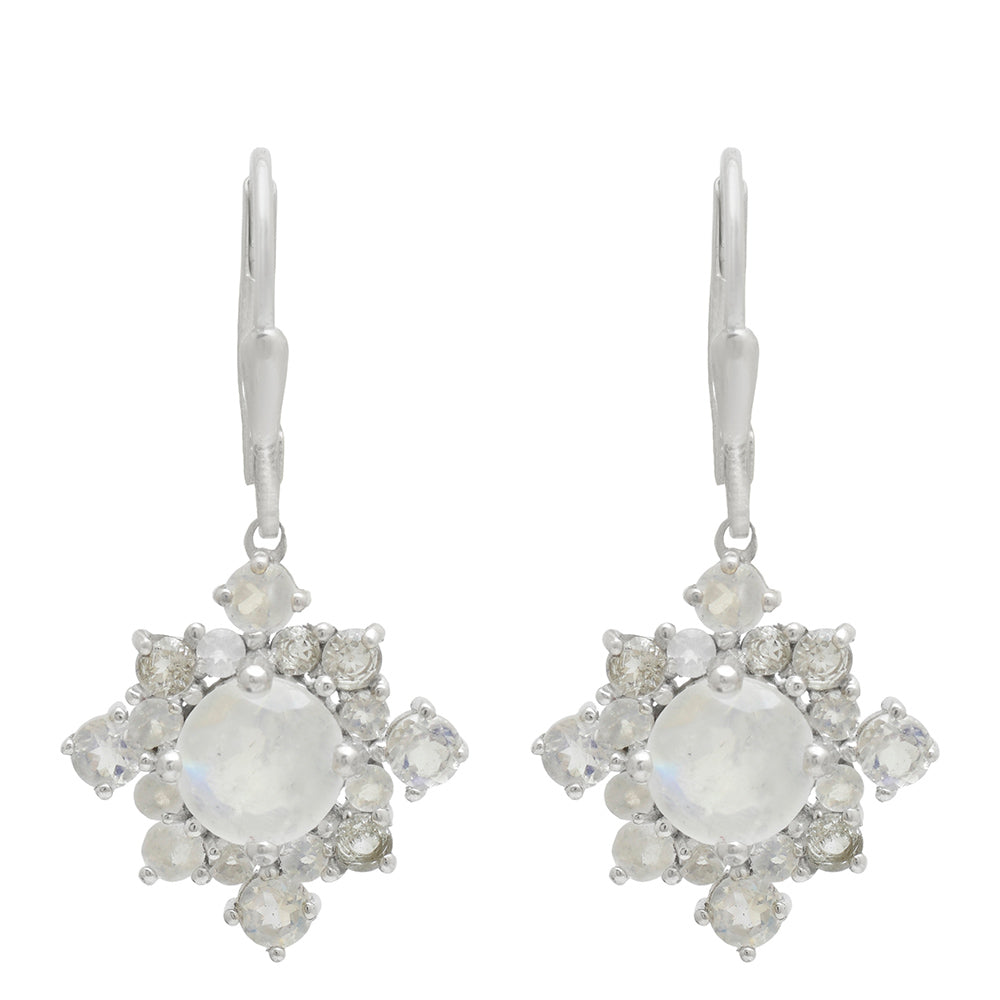 Pendientes de Plata con Piedra Lunar Arco Iris y Topacio Blanco