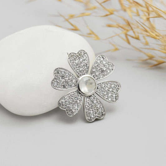 Broche de Plata con Piedra Lunar Arco Iris y Topacio Blanco