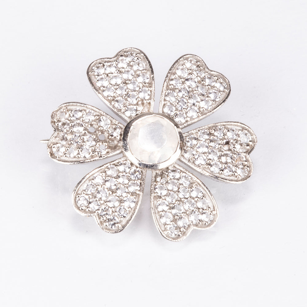 Broche de Plata con Piedra Lunar Arco Iris y Topacio Blanco 6 