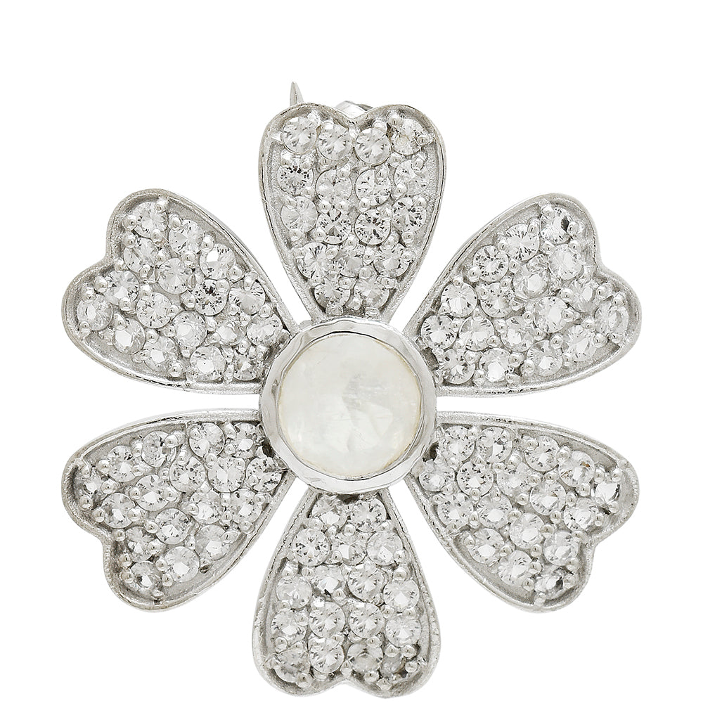 Broche de Plata con Piedra Lunar Arco Iris y Topacio Blanco