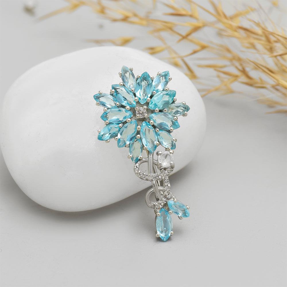 Broche de Plata con Apatita azul de Madagascar y Topacio Blanco 1 