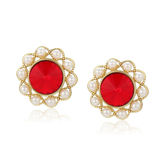 Pendientes de Aleación Bañado en Oro con Perla de cristal y Cristal Emporia® Rojo