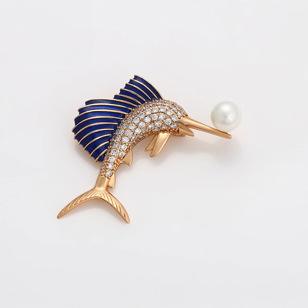 Broche de Aleación Bañado en Oro con Cristal Emporia® Blanco y Perla de cristal