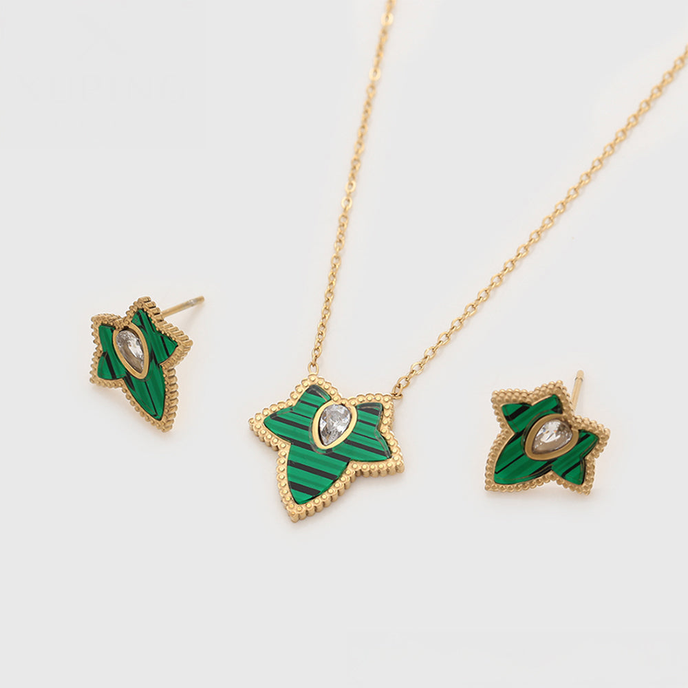 Conjunto de Aleación Bañado en Oro con Cristal Emporia® Verde y Cristal Emporia® Blanco ( Collar +Pendientes ) 2 