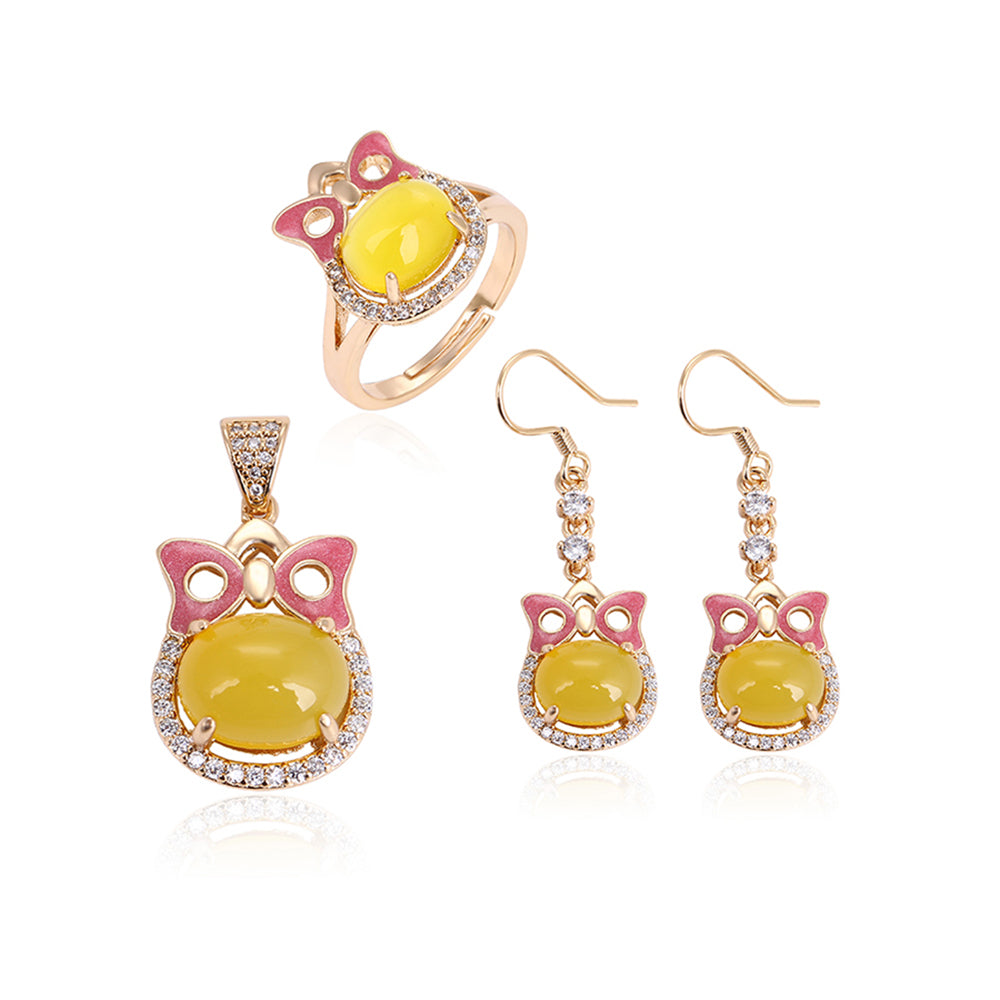 Conjunto de Aleación Bañado en Oro con Cristal Emporia® Amarillo y Cristal Emporia® Blanco ( Pendientes +Anillo +Colgante ) 2 