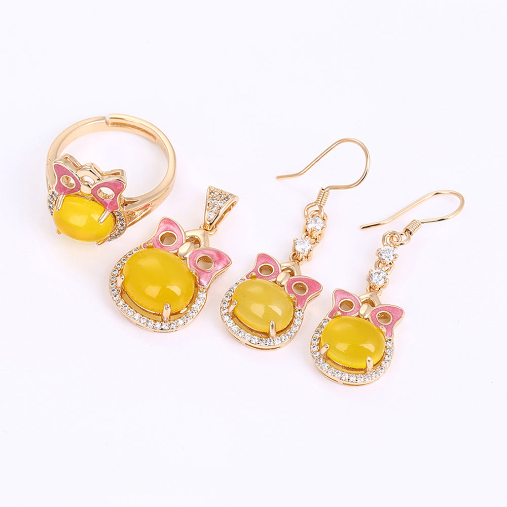 Conjunto de Aleación Bañado en Oro con Cristal Emporia® Amarillo y Cristal Emporia® Blanco ( Pendientes +Anillo +Colgante ) 1 