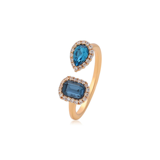 Anillo de Aleación Bañado en Oro con Cristal Emporia® Azul y Cristal Emporia® Blanco