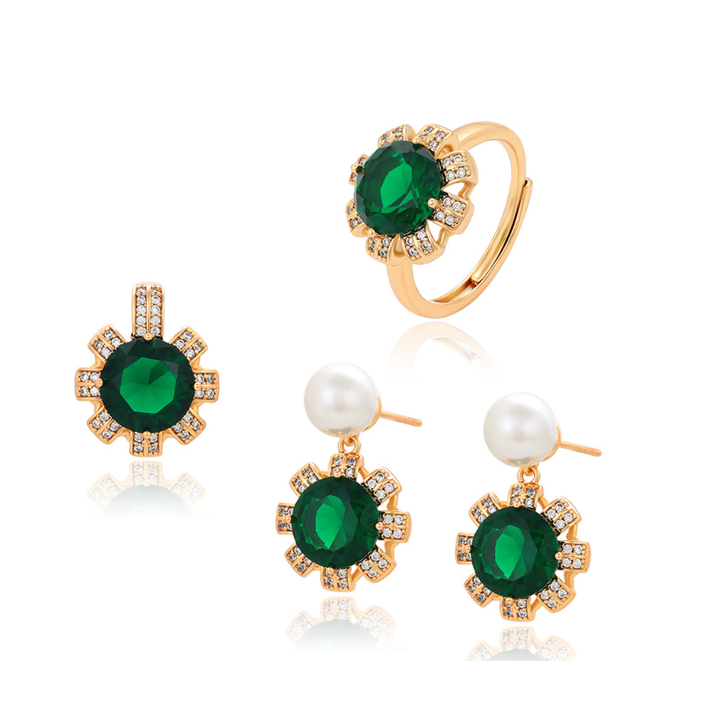 Conjunto de Aleación Bañado en Oro con Cristal Emporia® Verde y Perla de cristal ( Pendientes +Anillo +Colgante )
