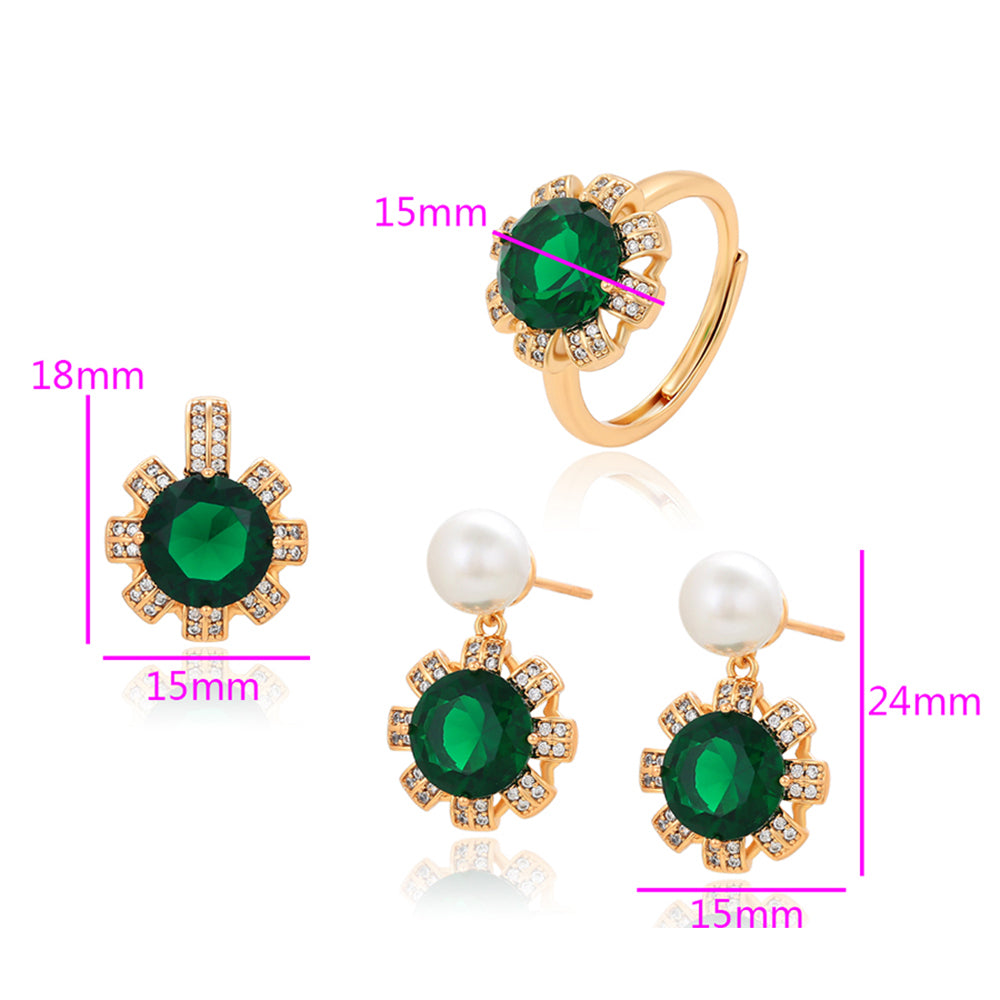 Conjunto de Aleación Bañado en Oro con Cristal Emporia® Verde y Perla de cristal ( Pendientes +Anillo +Colgante ) 7 