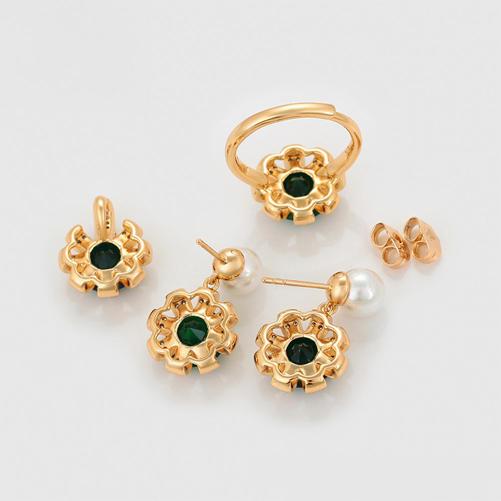 Conjunto de Aleación Bañado en Oro con Cristal Emporia® Verde y Perla de cristal ( Pendientes +Anillo +Colgante ) 10 