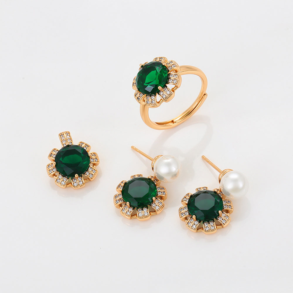 Conjunto de Aleación Bañado en Oro con Cristal Emporia® Verde y Perla de cristal ( Pendientes +Anillo +Colgante )