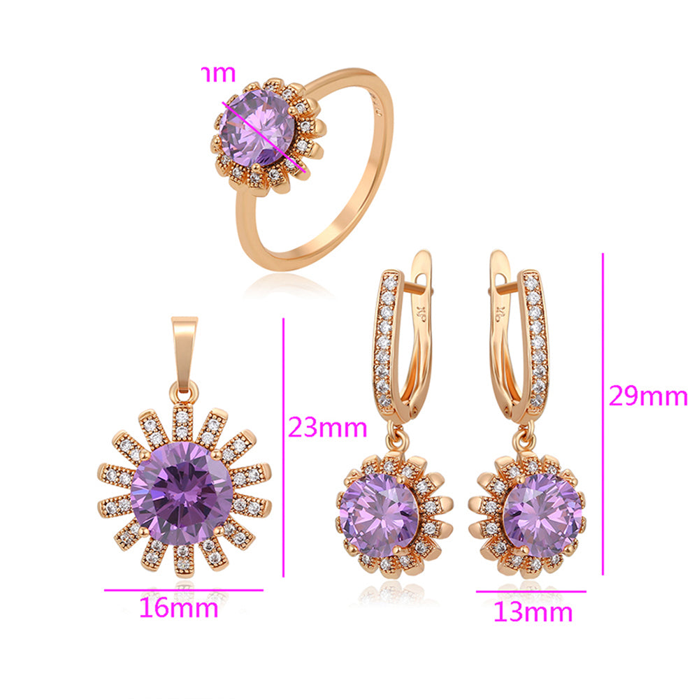 Conjunto de Aleación Bañado en Oro con Cristal Emporia® Púrpura y Cristal Emporia® Blanco ( Pendientes +Anillo +Colgante ) 7 