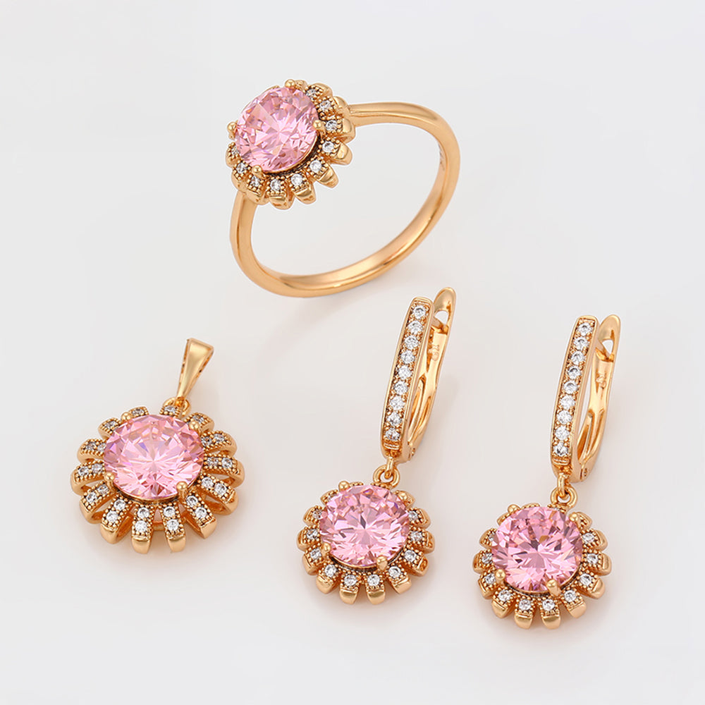 Conjunto de Aleación Bañado en Oro con Cristal Emporia® Rosa y Cristal Emporia® Blanco ( Pendientes +Anillo +Colgante ) 1 