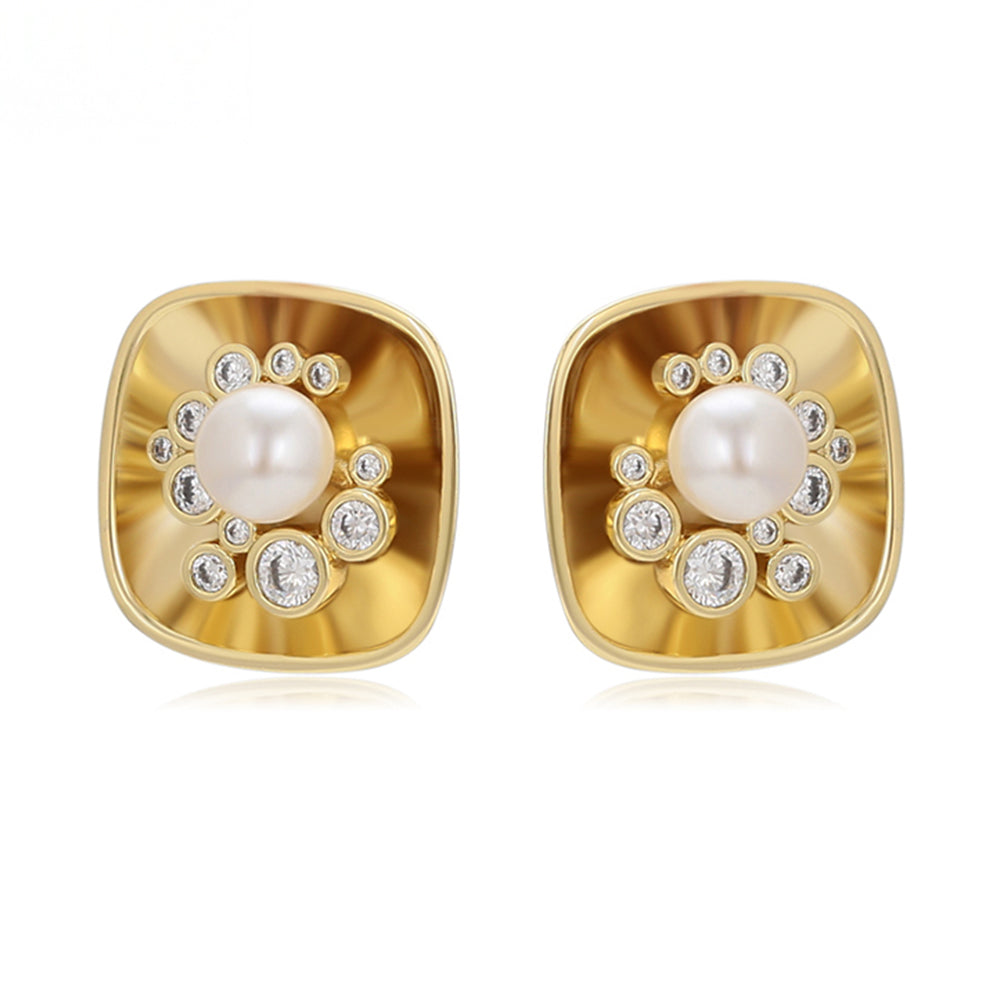 Pendientes de Aleación Bañado en Oro con Perla de cristal y Cristal Emporia® Blanco
