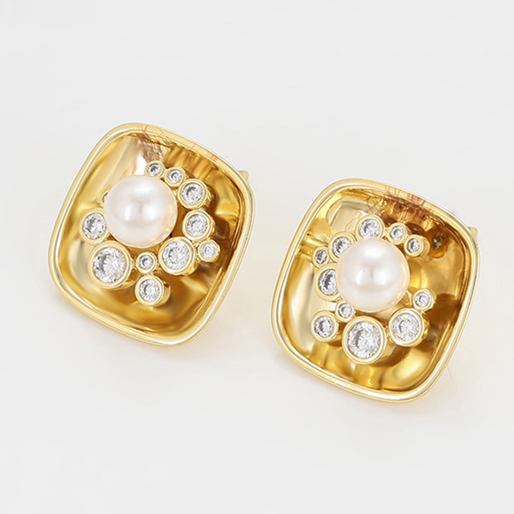 Pendientes de Aleación Bañado en Oro con Perla de cristal y Cristal Emporia® Blanco 3 