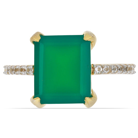 Anillo de Plata Bañada en Oro con Ágata verde de Spruce Pine y Topacio Blanco