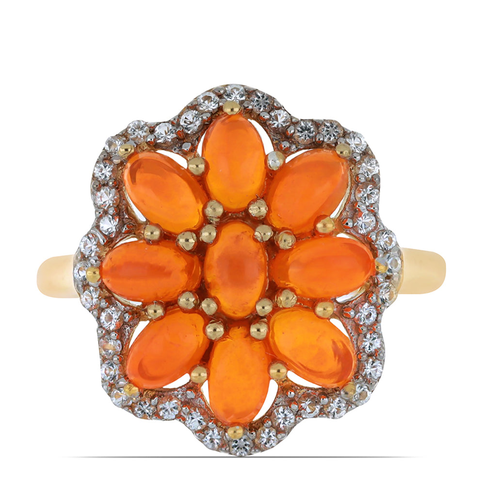 Anillo de Plata Bañada en Oro con Ópalo Naranja de Lega Dembi y Topacio Blanco