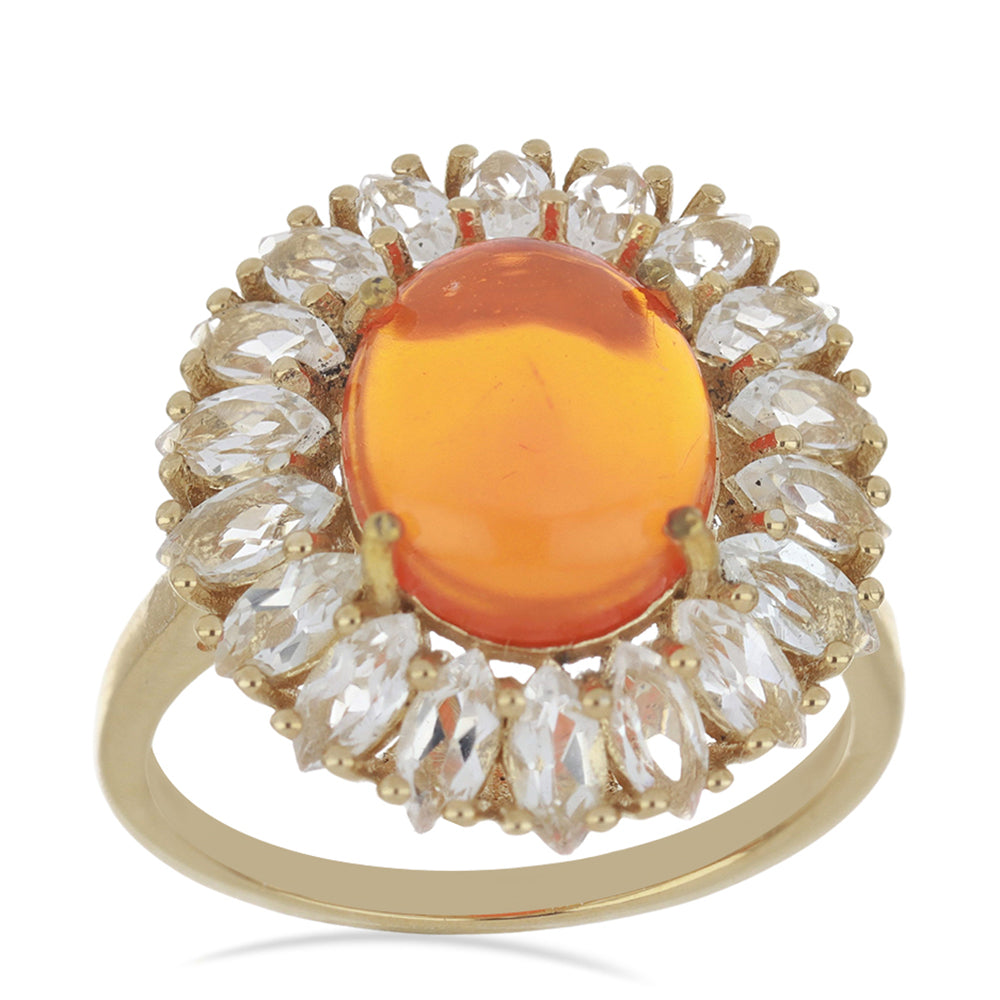 Anillo de Plata Bañada en Oro con Ópalo Naranja de Lega Dembi y Topacio Blanco