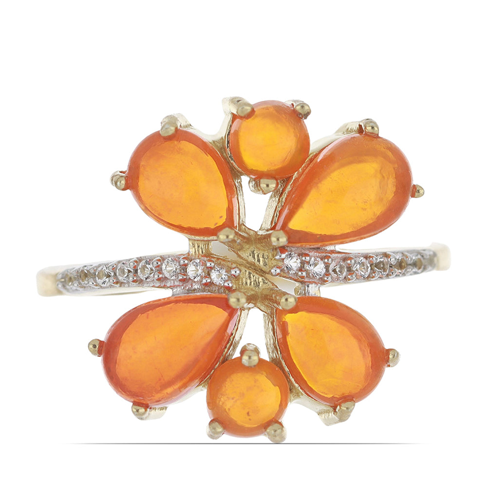 Anillo de Plata Bañada en Oro con Ópalo Naranja de Lega Dembi y Topacio Blanco