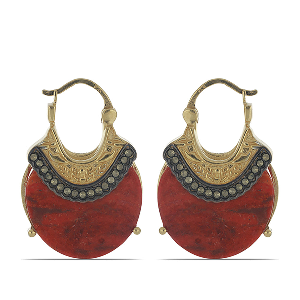 Pendientes de Plata Bañada en Oro con Coral de Esponja Roja y Marcasita 1 