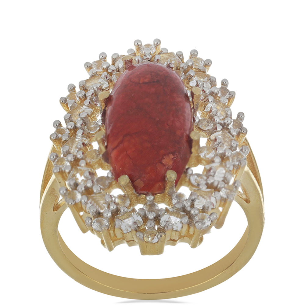 Anillo de Plata Bañada en Oro con Coral de Esponja Roja y Topacio Blanco