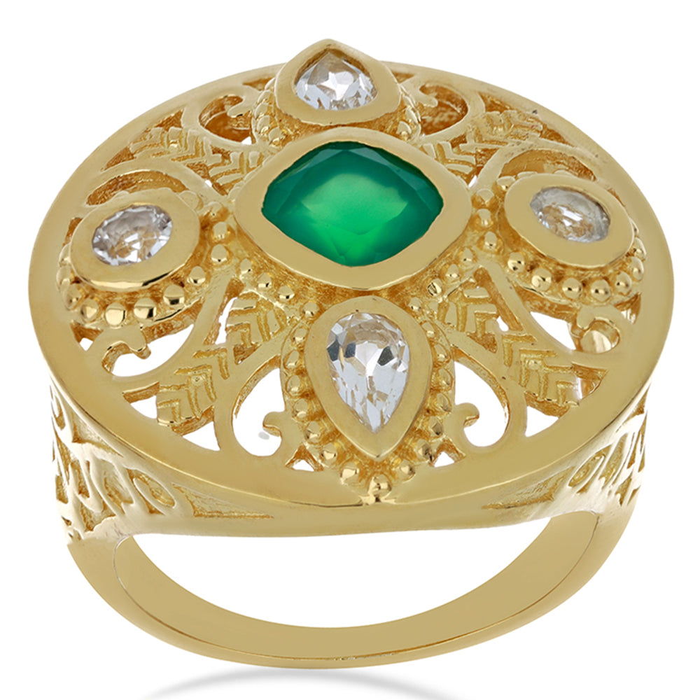 Anillo de Plata Bañada en Oro con Ágata Verde y Topacio Blanco 3 