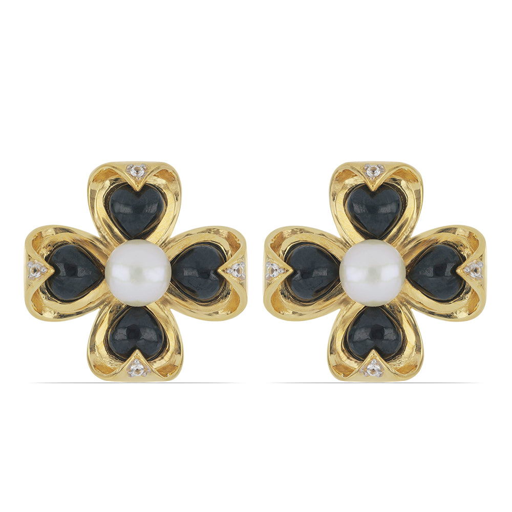 Pendientes de Plata Bañada en Oro con Ónix negro de Suwar y Perla de Agua Dulce