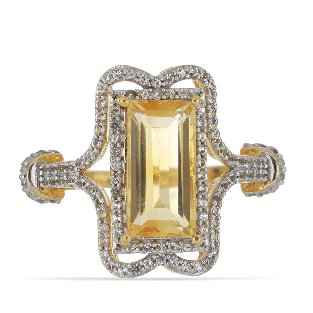 Anillo de Plata Bañada en Oro con Citrino de los Montes Urales y Topacio Blanco