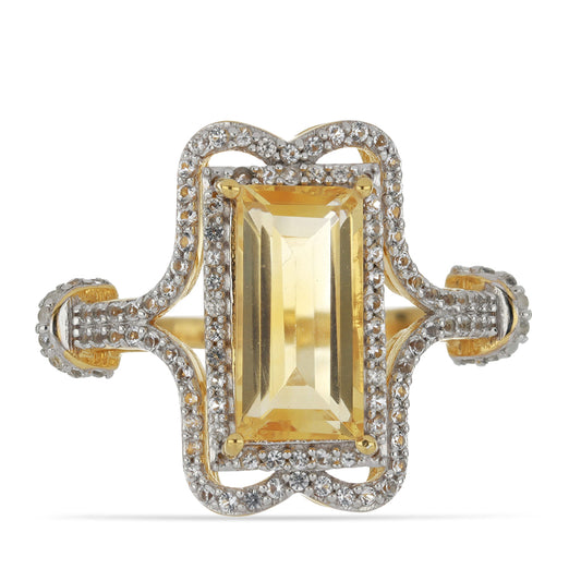 Anillo de Plata Bañada en Oro con Citrino de los Montes Urales y Topacio Blanco