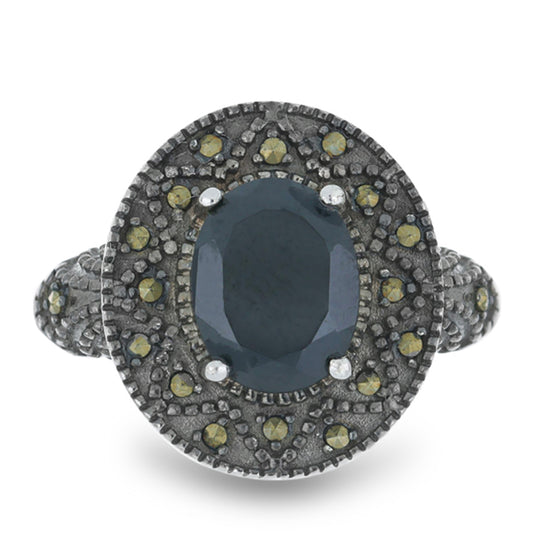 Anillo de Plata con Marcasita de Austria y Espinela Negra de Badakhshan Gorno