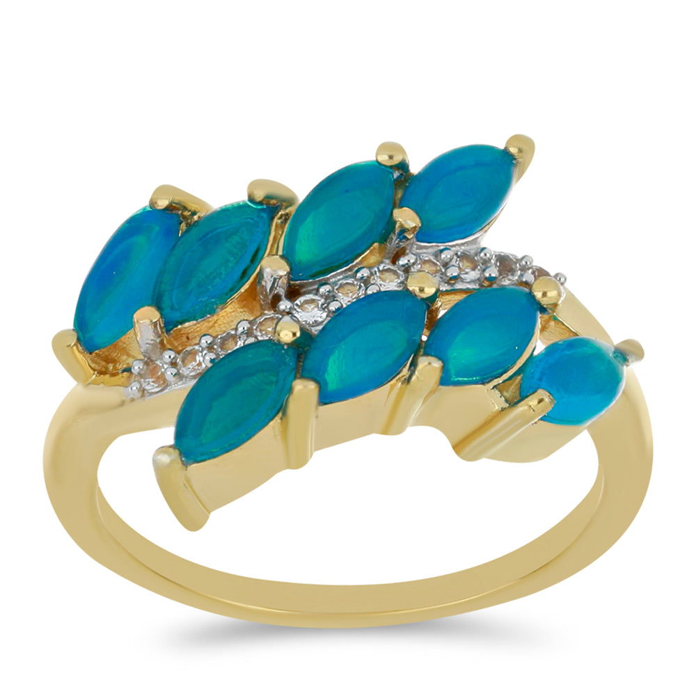 Anillo de Plata Bañada en Oro con Ópalo Azul Paraiba de Etiopía y Topacio Blanco 3 