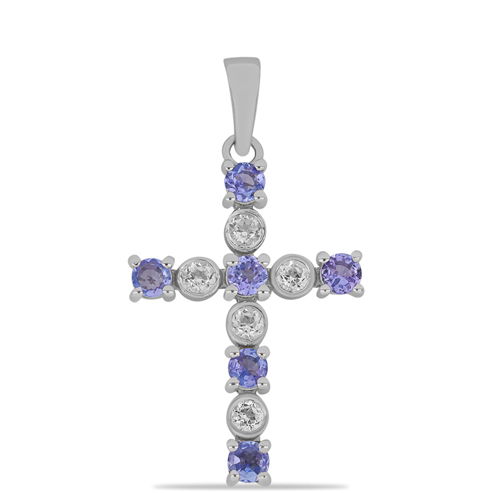 Cruz Colgante de Plata con Tanzanita AA y Topacio Blanco