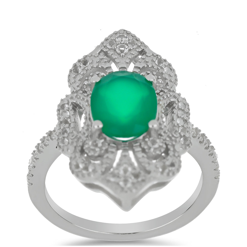 Anillo de Plata con Ágata Verde y Topacio Blanco